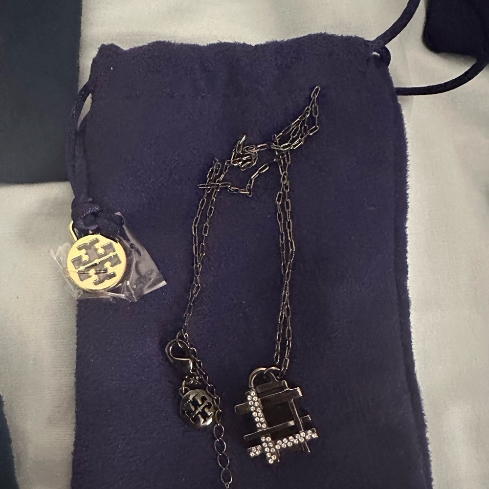 Authentic New with bag Tory Burch Silver and Black Geometric Necklace